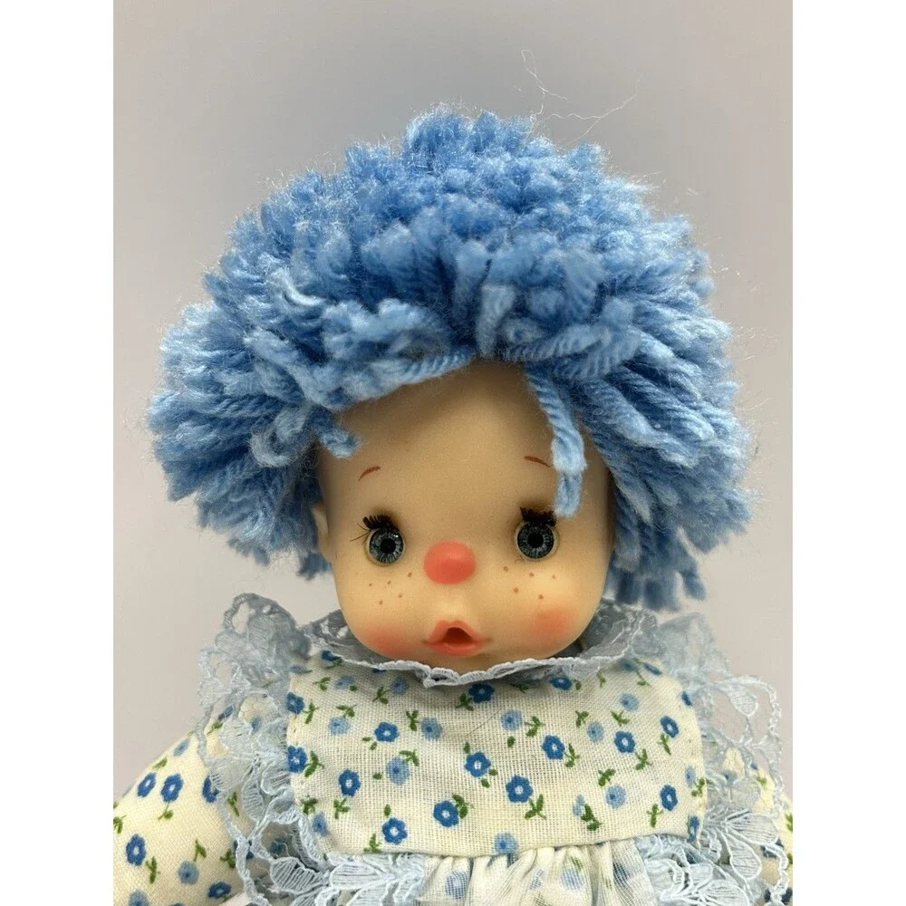 Vintage Cean Toys Doll Blue Yarn Hair 7" Plush Floral Dress Baby Doll 80's - Picture 4 of 15